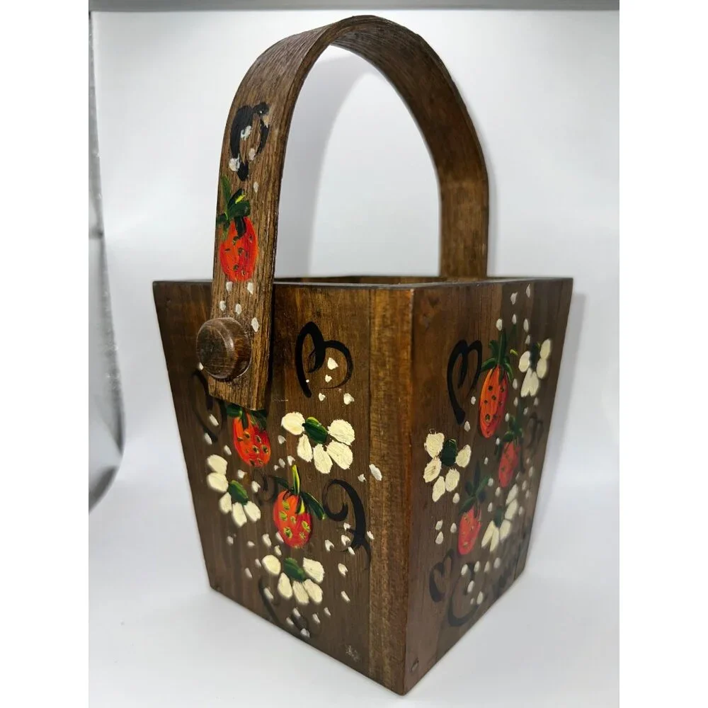 VTG Hand Painted‎ Mini Wooden Basket Painted Flowers & Strawberries Cottagecore
